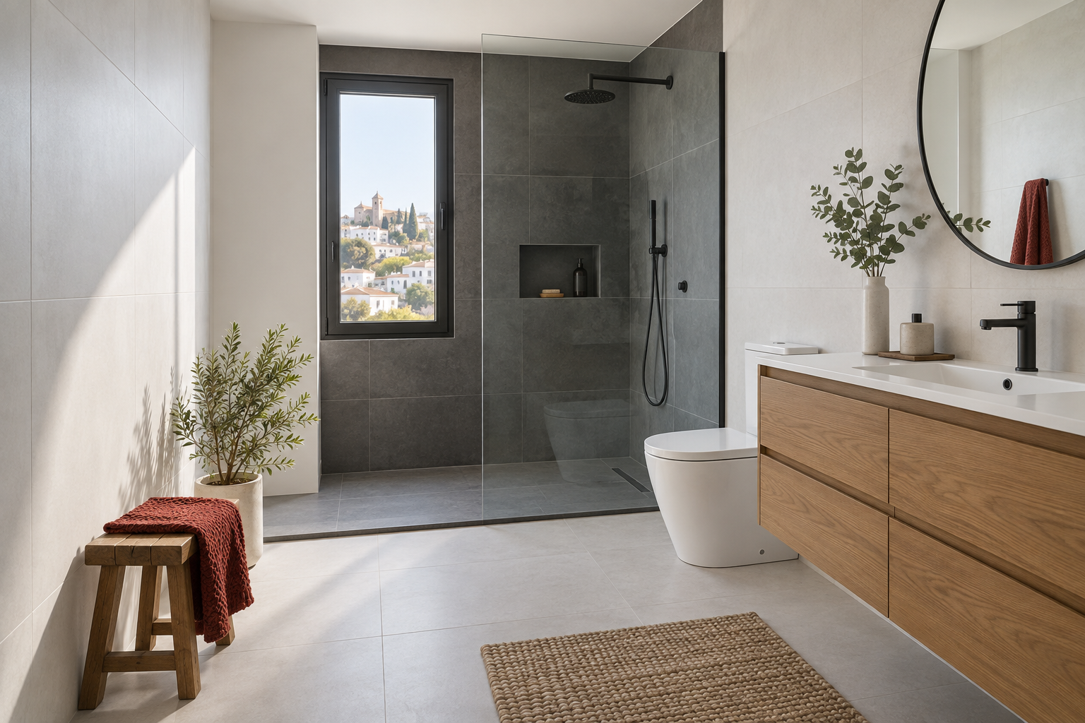 Baño completo contemporáneo con ducha, lavabo, inodoro y acabados coordinados